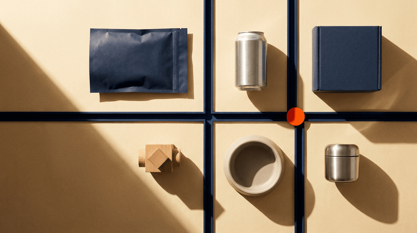 Food, beverage, toy, home and personal-care forms connected in a single modular grid.